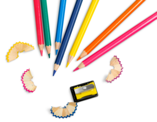 Set of colored pencils of different colors and a sharpener with shavings