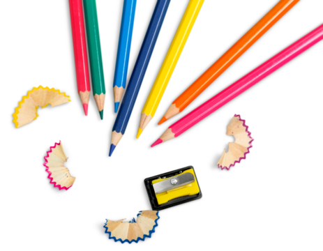 Set of colored pencils of different colors and a sharpener with shavings