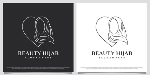 Islamic women logo design template wearing hijab with line art style and creative concept