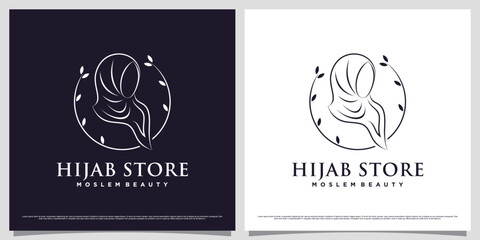 Islamic women logo design template wearing hijab with line art style and leaf element concept