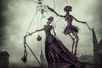 Marionetten an Seilen in der Luft Surreal Abstrakt Digitale Art Illustration AI Grafik Design