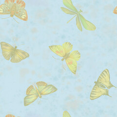 Seamless abstract pattern of butterflies and dragonflies. Botanical ornament for design, wallpaper, print, wrapping paper, scrapbooking.