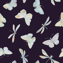 Seamless abstract pattern of butterflies and dragonflies. Botanical ornament for design, wallpaper, print, wrapping paper, scrapbooking.