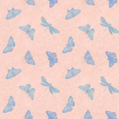 Seamless pattern of butterflies and dragonflies. Botanical abstract ornament for design.