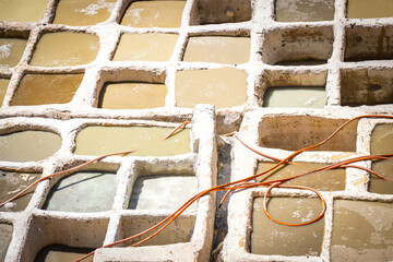 close up of stone vessel in Chouara Tannery, leather, fez el bali, medina, fez, fes, morocco, north...