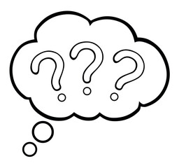Vector illustration of a cloud of thoughts with question marks, drawn in black and white