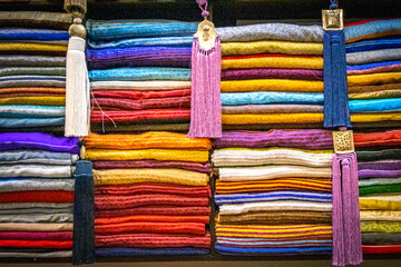 colourful scarves, cloth, fabric, weaving mill, medina, fes el bali, morocco, north africa
