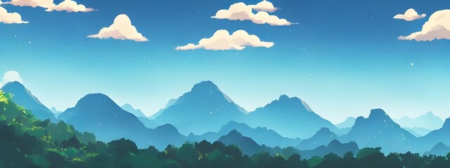 The anime mountain landscape is serene and beautiful. The mountains are a deep green, with lighter greens in the valleys between them. A river flows through the scene, its waters sparkling in the sunl