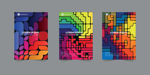 Set of colorful geometric cover designs. Maze style