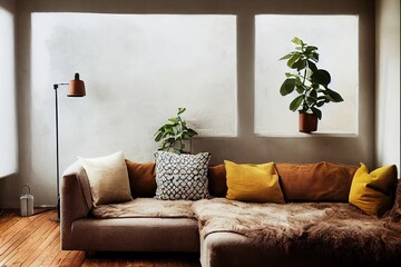 retro and minimal living room interior illustration
