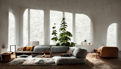 Minimal living room interior with white brick illustration