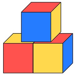 3 Würfel / Bausteine / Quader - 3D - Turm - gestapelt - bunt - rot blau gelb - weißer Hintergrund - Grafik Template Clipart Icon Vorlage 