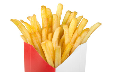 French Fries in paper package isolated on white background