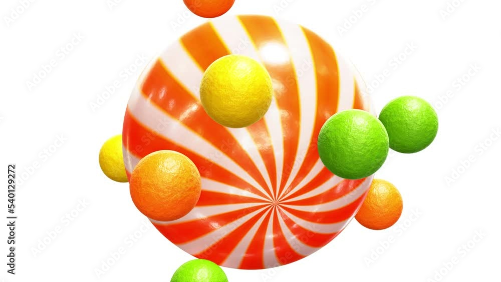 Poster realistic satisfying looping 3d animation of the beautiful citrus candy sphere with orbital rolling 