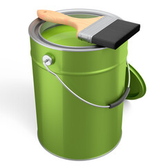 Open metal can or buckets with paint bristle brush on white background. - obrazy, fototapety, plakaty