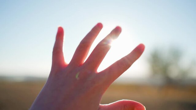 Happy girl pulls her hand towards the sunlight. Girl stretches her hand to the sky. Sun rays through fingers. Woman stretches her hand to sky in nature park