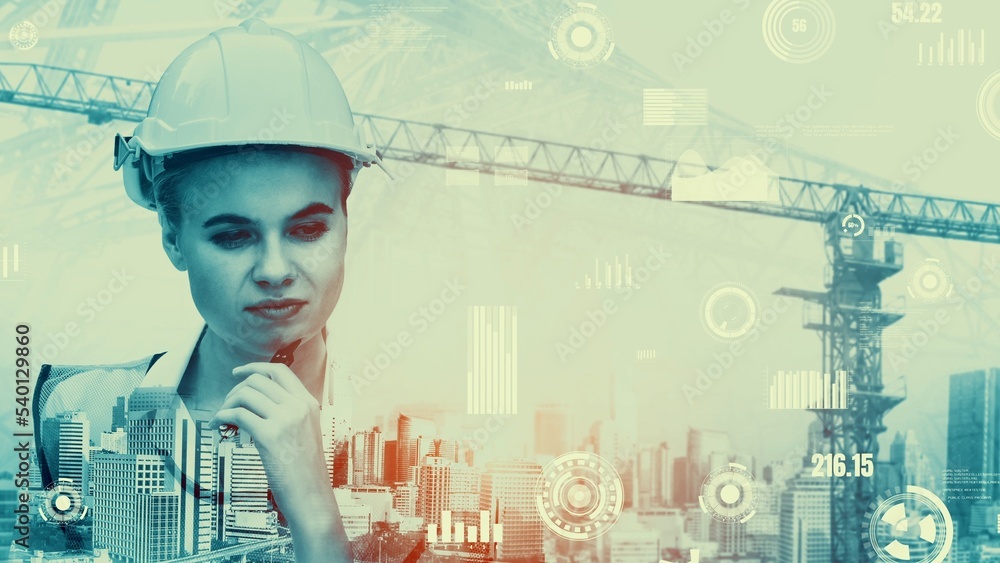 Aufkleber future building construction and inventive engineering project concept with hud hologram graphic des