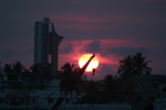 Sunset view over the coltejer building, purple and blue sky background