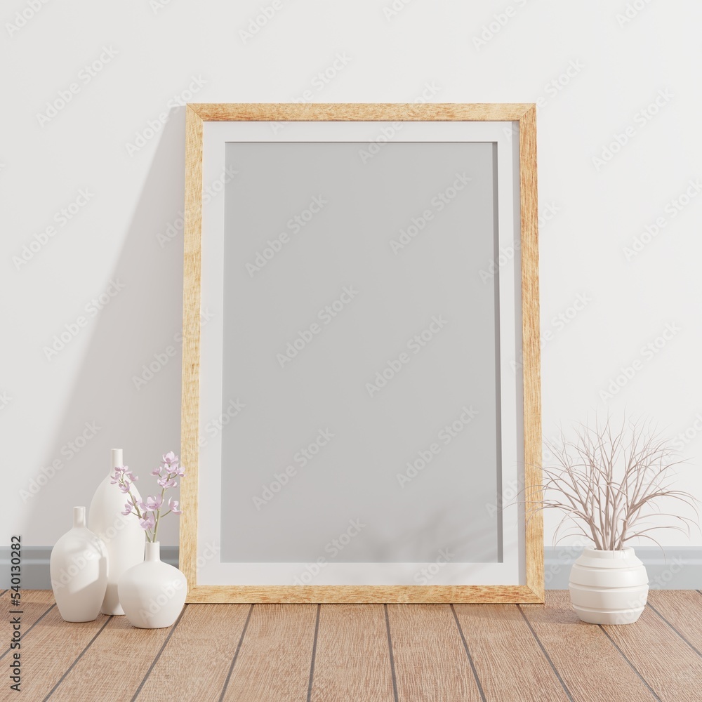 Wall mural single front wooden frame mockup