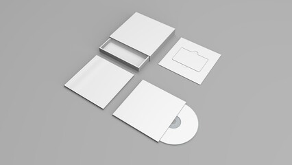 Music album mockup set. set box contents booklet cd, cd cover. Set of white mockup on gray background. Music card. 3D Render music album set.