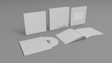 Music album mockup set. set box contents booklet cd, cd cover. Set of white mockup on gray background. Music card. 3D Render music album set.