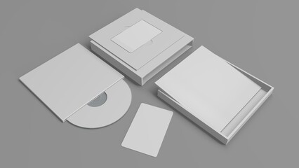 Music album mockup set. set box contents booklet cd, cd cover. Set of white mockup on gray background. Music card. 3D Render music album set. - obrazy, fototapety, plakaty
