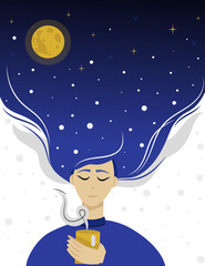 girl - winter with a mug of hot coffee, she has a starry winter night in her hair