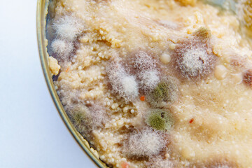 close up. multi-colored mold on canned food. spoiled products. 