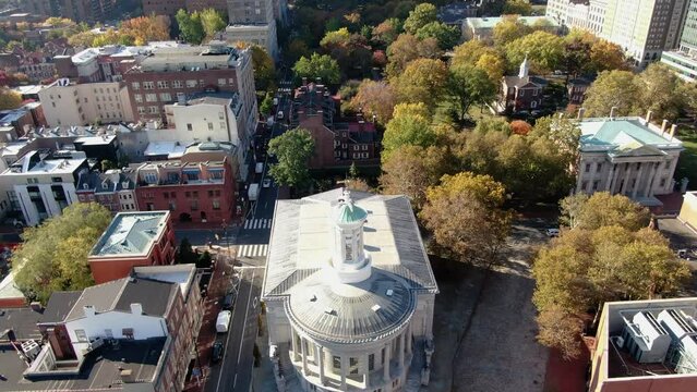 Philadelphia, Pennsylvania, drone video of the oldest existing building of the stock exchange in the United States