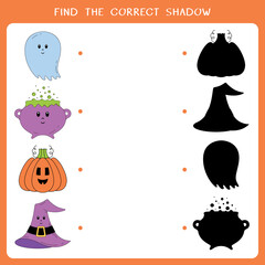 Find the correct shadow for the Halloween symbols. Vector worksheet of simple educational game for kids