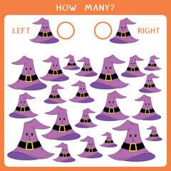 Simple educational game for kids. Count how many hats are facing left and right and write the result. Vector worksheet