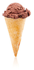 Close up image of chocolate ice cream cone isolated