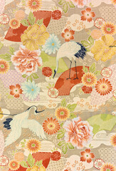 Closeup detailed photograph of a traditional Japanese furoshiki cloth depicting flying tsuru cranes symbol of luck and longevity surrounding by cherry, plum,cosmos,chrysanthemums or roses flowers.