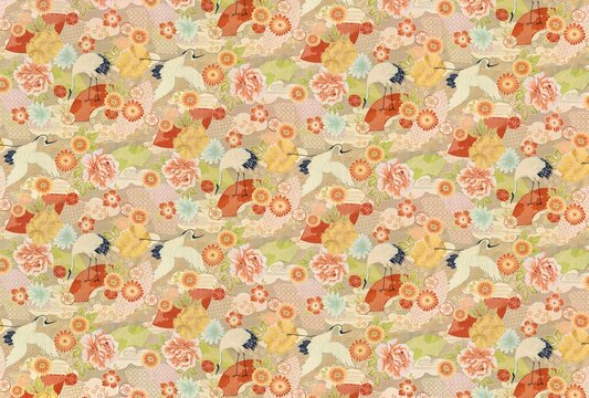 Large detailed photograph of a seamless pattern design depicting a traditional Japanese furoshiki cloth featuring auspicious tsuru cranes adorned by cherry, plum,cosmos,chrysanthemums, roses flowers.