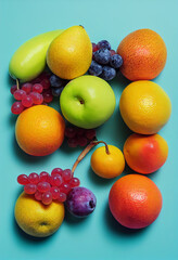 Fruit composition, apples, oranges and other fruits. Image with fruit assortment for creatives and advertisements.
