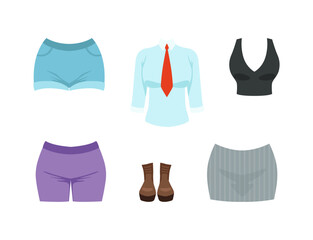 Different Female Clothes and Attire with Shorts, Blouse and Shoes Vector Set