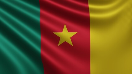 Render of the Cameroon flag flutters in the wind close-up, the national flag of Cameroon flutters in 4k resolution, close-up, colors: RGB. High quality 3d illustration