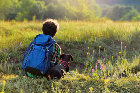 View From Back Of A Boy With His Dog Sitting On The Hill