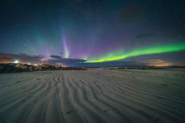 Beautiful colorful northern lights captured in the Lofoten Islands in northern Norway.