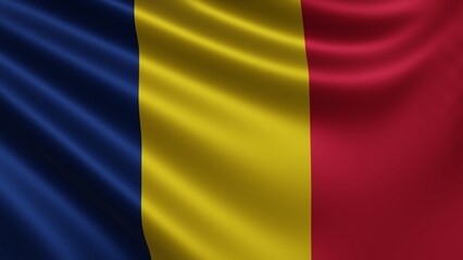 Render of the Chad flag flutters in the wind close-up, the national flag of Chad flutters in 4k resolution, close-up, colors: RGB. High quality 3d illustration