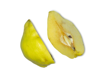 Quince slices. Ripe slices of tart sour fruit. Sliced quince. The pulp of a juicy fruit. Raw food diet.