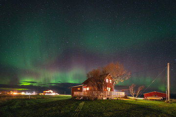 Beautiful colorful northern lights captured in the Lofoten Islands in northern Norway.