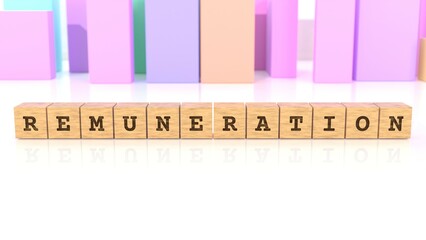 Letters REMUNERATION carved on wooden cube blocks reflected on the bright table. Business concept. In the back are colorful cuboids in many different shapes. (3D rendering)