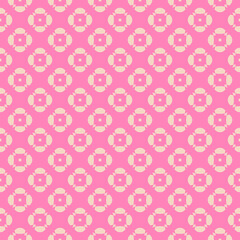 Vector geometric floral seamless pattern. Stylish background with small flower shapes, squares, repeat tiles. Retro vintage 1960s - 1970s style texture in bright pink color. Trendy decorative design