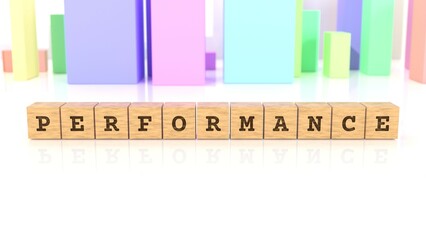 Word PERFORMANCE carved on wooden cubes reflected on the bright surface. Business concept. In the back are colorful cuboids in many different shapes. (3D rendering)