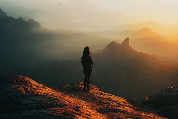 A woman looking at sunrise on a top of a mountain