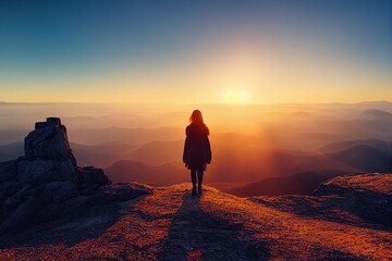 A woman looking at sunrise on a top of a mountain