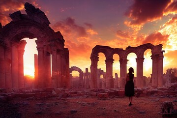 A woman looking at sunset in an ancient ruined city