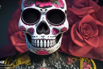 A colorful portrait of a skull and flowers for "dia de los muertos", "Day of the dead" calavera 3d illustration.
