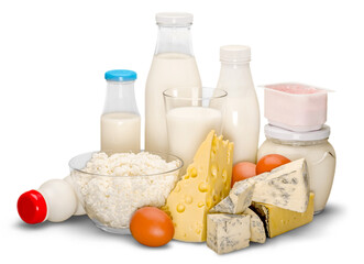 Milk cheese yogurt bottles dairy healthy isolated - obrazy, fototapety, plakaty